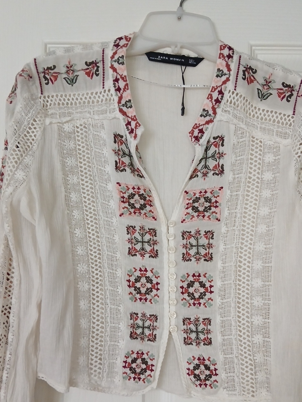 Zara White Embroidered Lace Peasant Blouse with Red & Green Accents